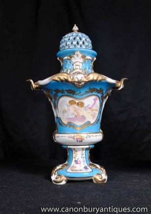 Pair German Meissen Porcelain Cherub Urns Pot Pourri Vases